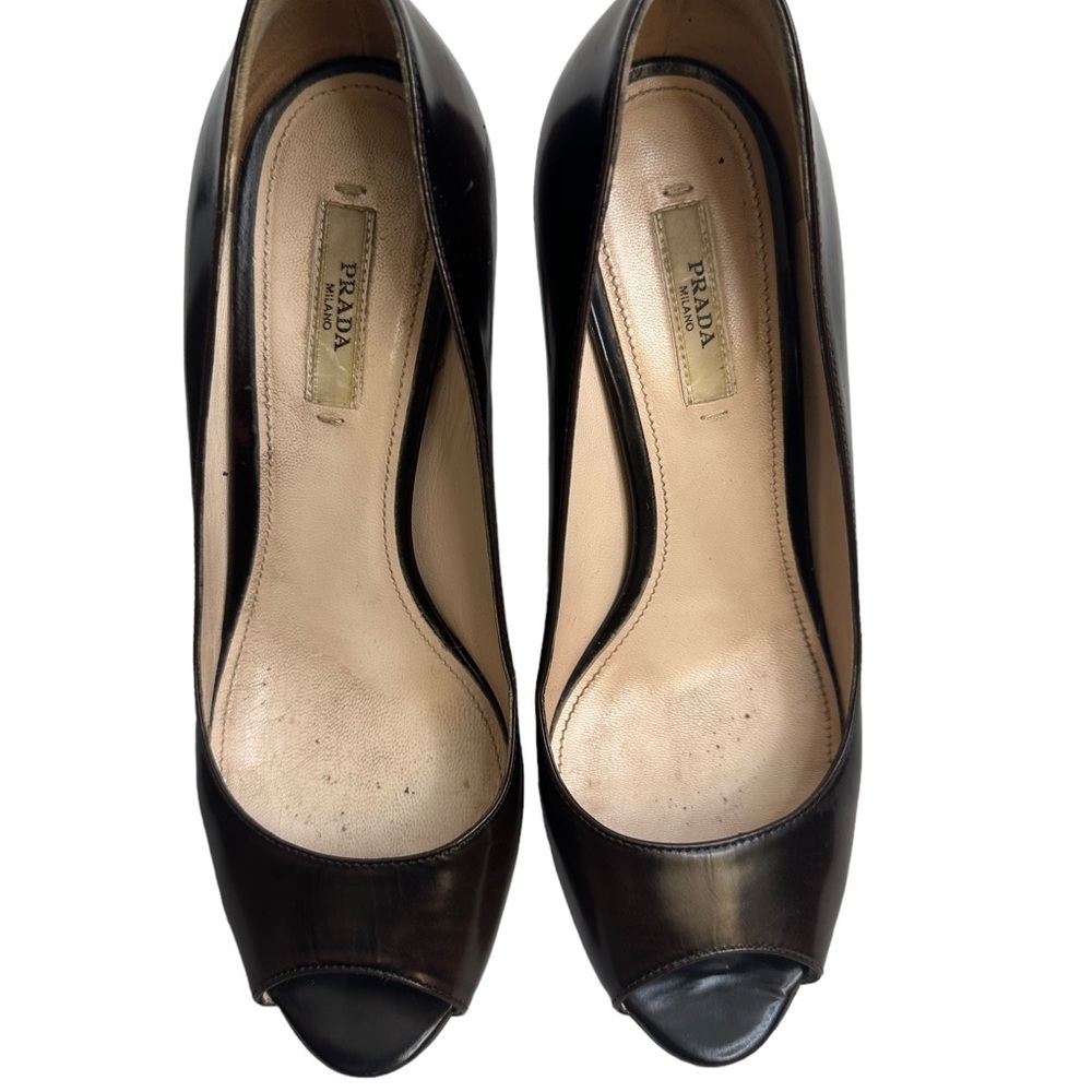 Prada Spazzolato Fume Brown Platform Pumps Peep Toe Rare Sz US 37 EUC $550 - Picture 2 of 16